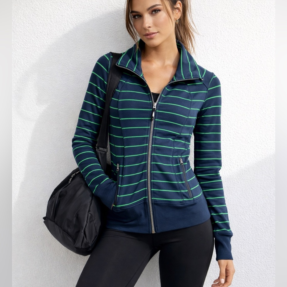 Lululemon Asana Atheletic Full Zip Jacket Navy Blue Green Stripes Size 4
